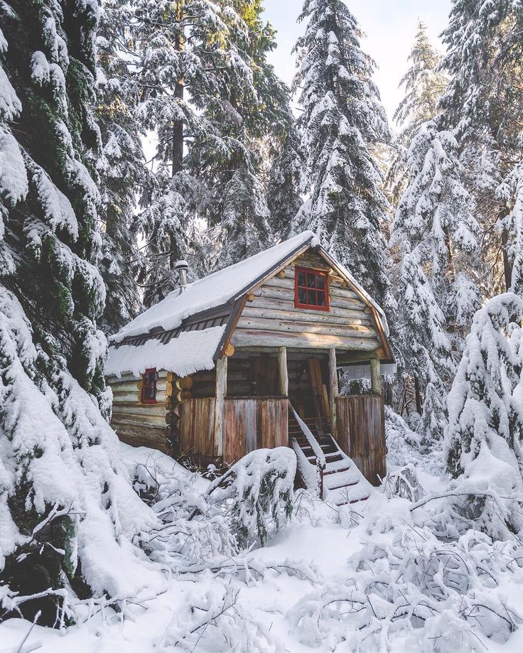 a cabin in the woods is covered with snow