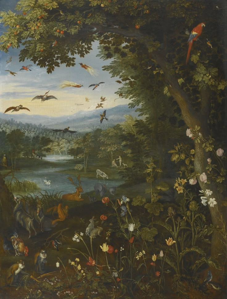 an image of a painting with animals and birds in the forest by it's edge