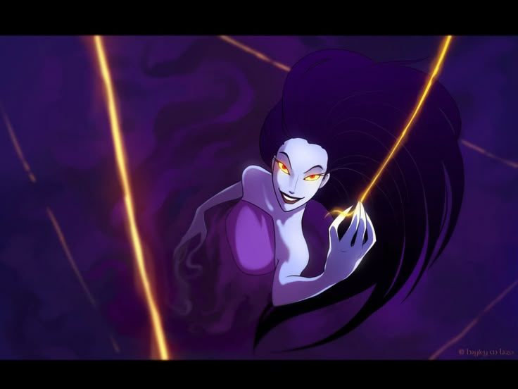 an animated image of a woman with purple hair and yellow eyes, holding a light saber