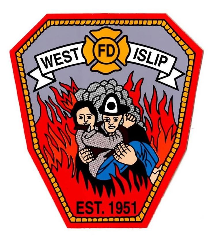 the logo for west fd is shown on a red and gray shield with flames