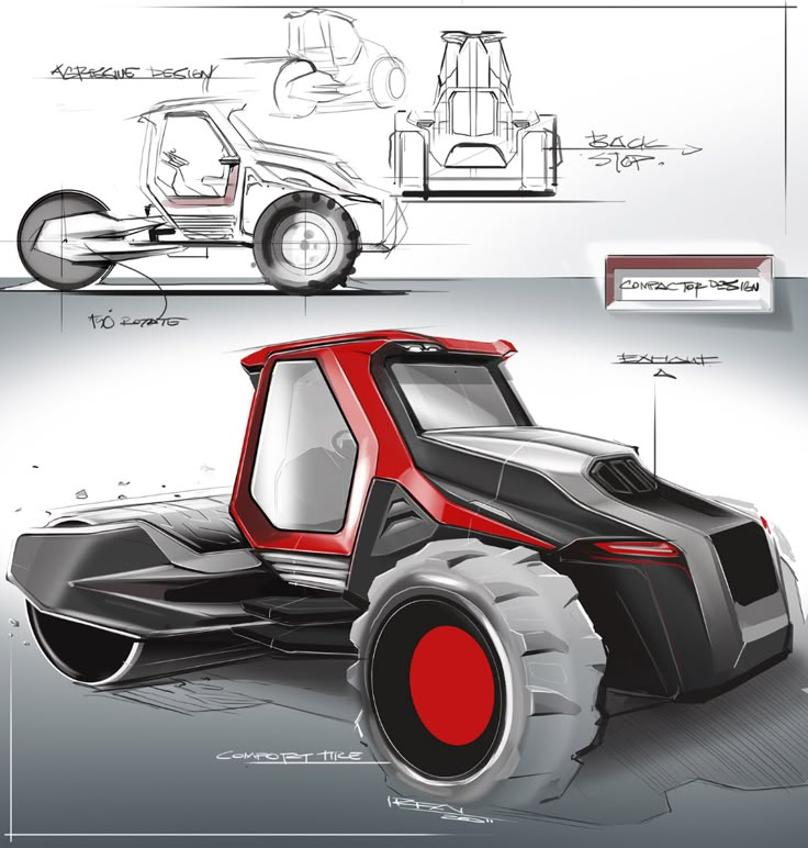 an image of a red and black vehicle with wheels on the front, side and back sides