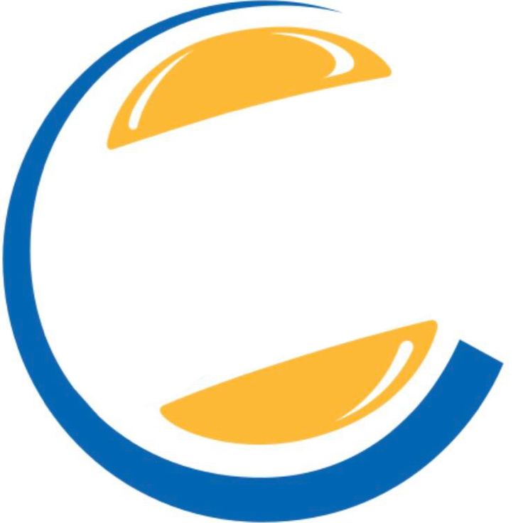 an orange and blue circle with the letter e in it's center, on a white background