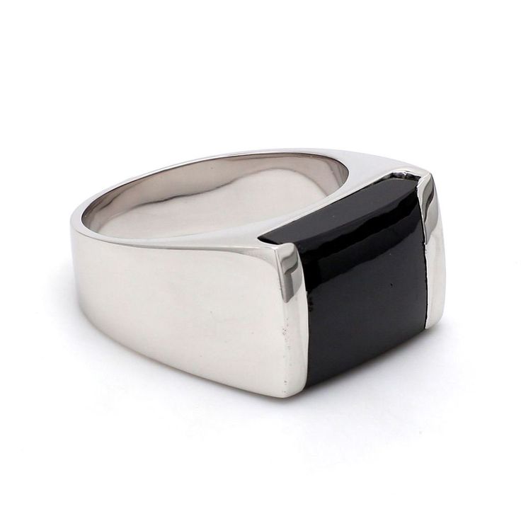 Platinum Love Bands by Jewelove Customised Platinum Ring with Black Stone. Black Stone provided by customer. Customised rings are not eligible for cancellation, exchange or refund. Metal : Platinum Platinum Purity : 95% Purity Mark : Pt 950 Estimated Platinum Weight : 35 grams Certificate of Authenticity : Platinum Guild International Modern Onyx Rings For Formal Occasions, White Gold Onyx Ring For Anniversary, Classic Black Rings For Anniversary, Luxury Black Rings For Anniversary, Luxury Black Anniversary Rings, Modern Jewelry Ring With Polished Edges, Modern Black Enamel Signet Ring For Anniversary, Modern Black Enamel Open Ring, Classic Black Diamond Ring Gift