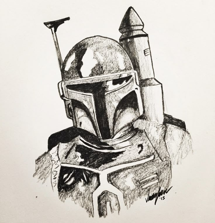 a drawing of a boba fett helmet with a hammer in it's mouth