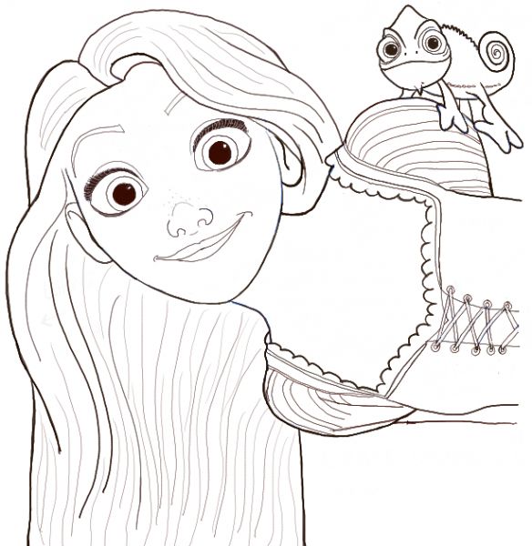 Finished Drawing of Rapunzel and Pascal the Chameleon Princess Rapunzel Drawing, Rapunzel Drawing Easy, How To Draw Rapunzel, Pascal Drawing, Drawing Rapunzel, Pascal From Tangled, Pascal Rapunzel, Drawing Ideas Disney, Rapunzel And Pascal