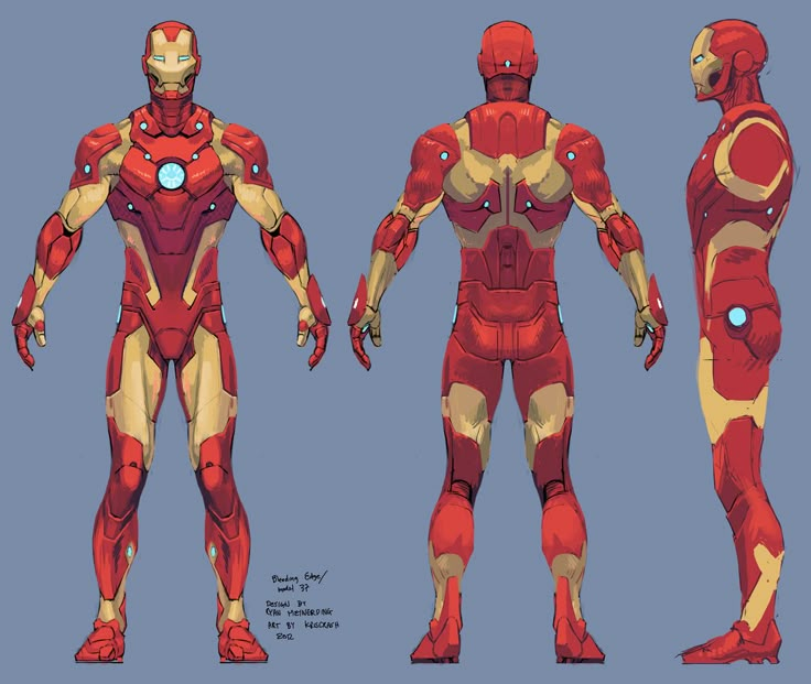 the iron man armor is shown in three different views, including one with red and yellow colors