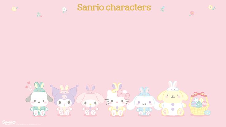 the sanrio characters are lined up against a pink background