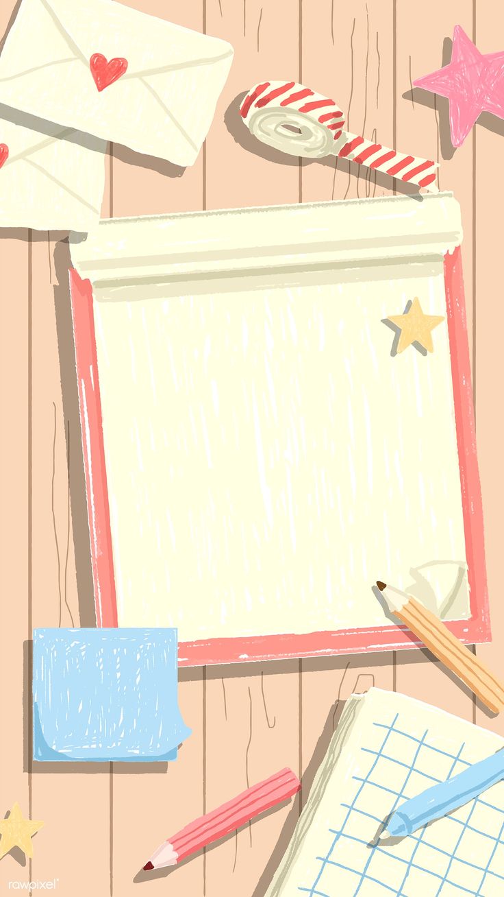 an illustration of a notepad, pencils and stars on a wooden table with paper