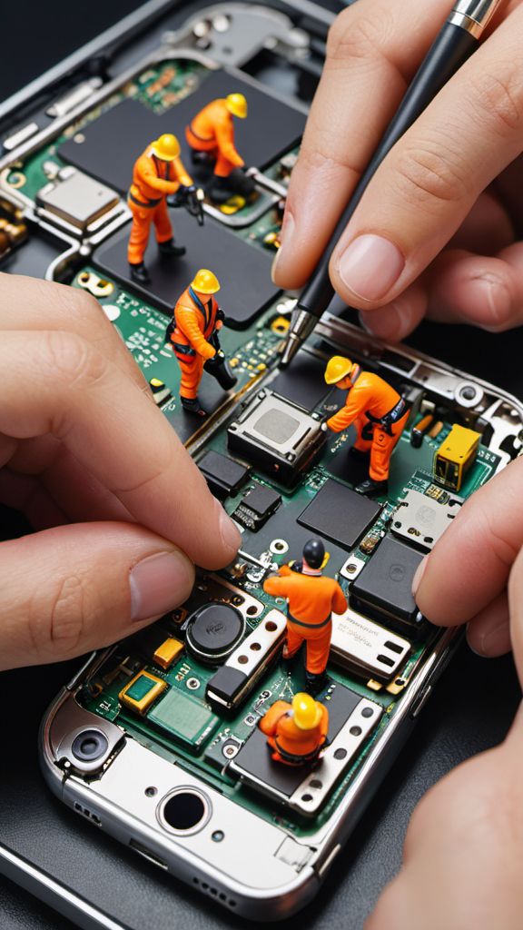 two hands working on an electronic device with small people in orange suits and construction tools