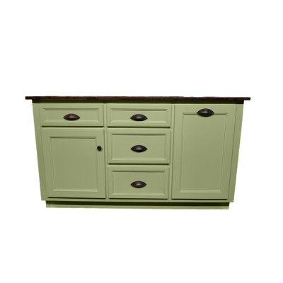 a green cabinet with black handles and drawers