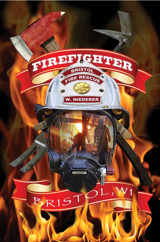 a firefighter helmet with flames in the background and red ribbon around it that reads, firefighters