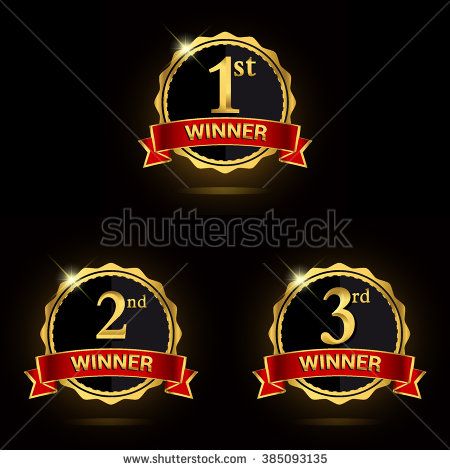 Golden Laurel wreath awards with red ribbons sets. First, second and ...