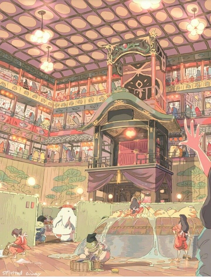 an anime scene with people sitting and standing in front of a library full of books