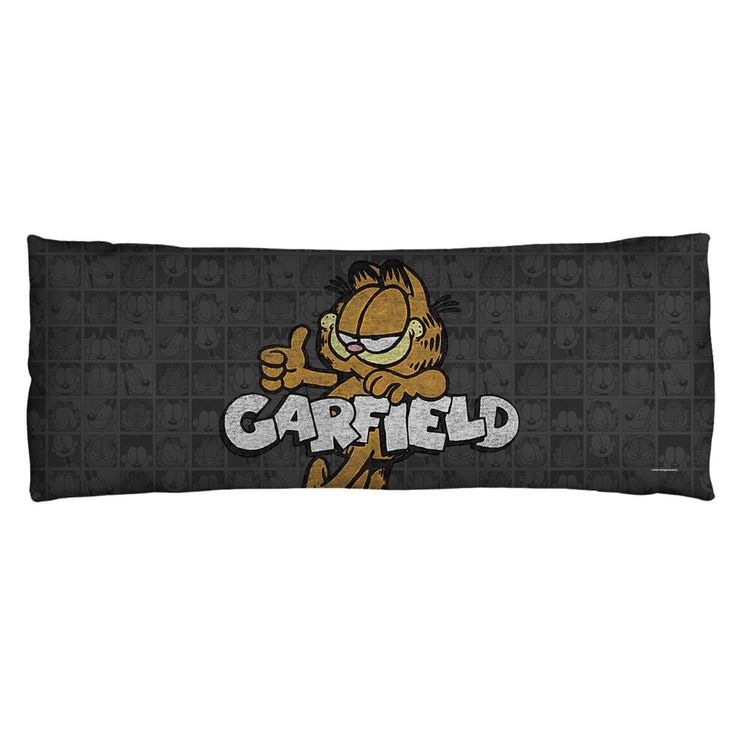 a black rectangular pillow with the word garfield on it and an image of garfield holding his thumb up