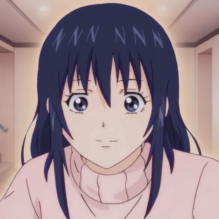 an anime character with long black hair and blue eyes