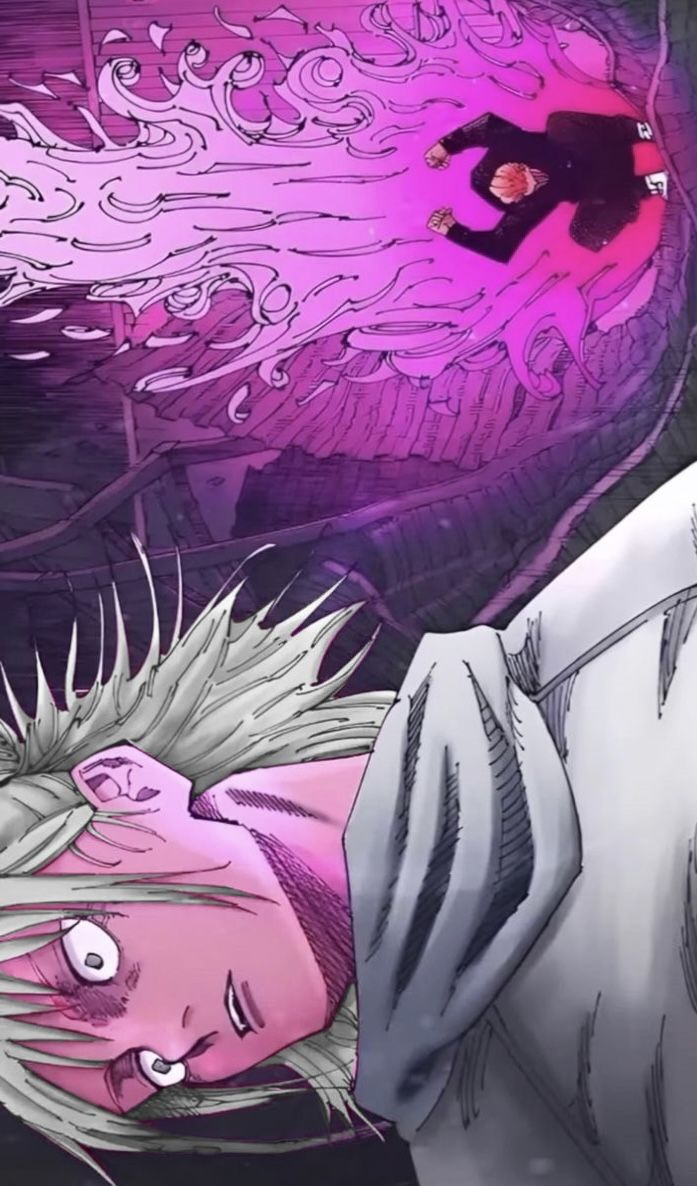 an anime character with pink hair laying on the ground next to another character in purple