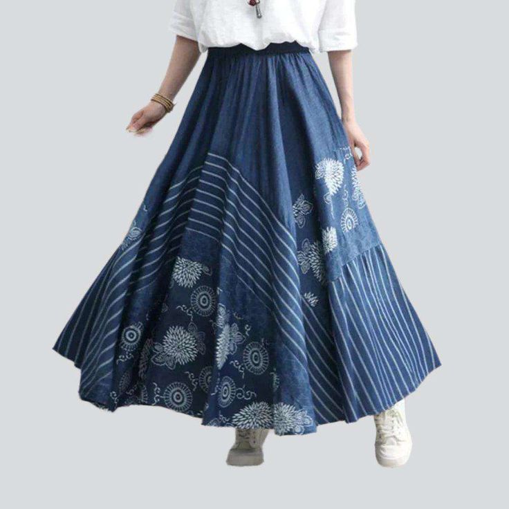 Live the Bohemian life with our 2023 Spring-Summer Collection flared long denim skirt! With an eye-catching embroidered pattern. high waist. and rubber closure. this skirt is the perfect union between classic style and contemporary chic.Why It's Your Next Wardrobe EssentialThe long. flared silhouette of this skirt makes it a timeless classic. while the intricate embroidery adds an air of modern sophistication. The high waist and rubber closure keep it comfortable and secure. ensuring you look yo Long Jeans Skirt, Fitted Denim Skirt, Denim Skirts Online, Bohemian Life, Boho Life, Long Denim Skirt, Jeans Skirt, Contemporary Chic, Long Jeans