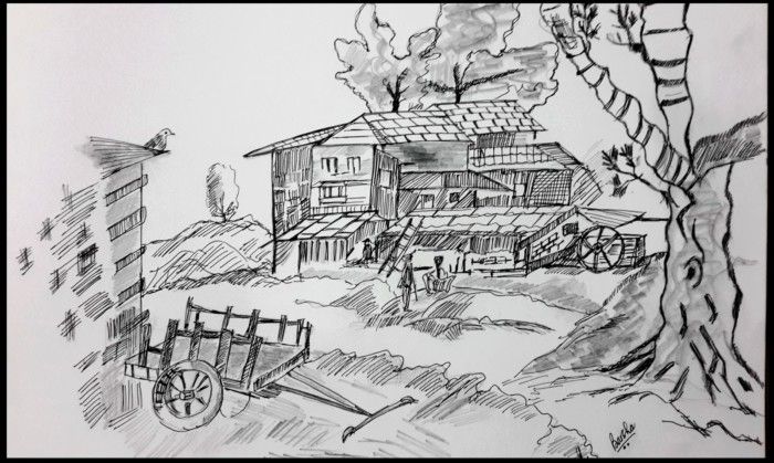 a drawing of a house in the woods with trees and people around it, on a sheet of paper