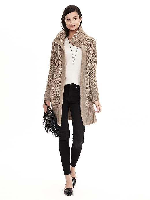 Mixed-Stitch Sweater Coat | Banana Republic Chic Fall Cardigan With Lapel Collar, Chic Collared Winter Cardigan, Chic Collared Cardigan For Winter, Long Sweater Coat For Fall Workwear, Long Cable Knit Outerwear For Layering, Cable Knit Long Outerwear For Cold Weather, Long Cable Knit Outerwear For Cold Weather, Lapel Collar Sweater For Winter Workwear, Winter Workwear Sweater With Lapel Collar