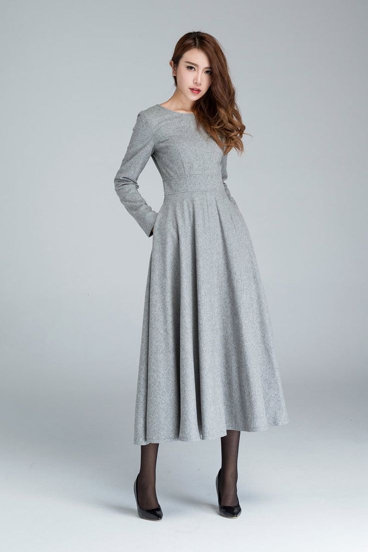 image 1 Winter Dresses For Teens, Woollen Dresses, Winter Formal Dresses Long, Long Winter Dresses, Warm Winter Dresses, Coat And Pants, Cute Outfits With Black Leggings, Outfits With Black Leggings, Grey Long Dress