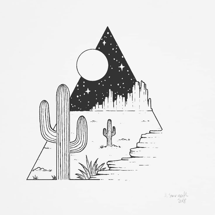 a black and white drawing of a desert scene with cactus, mountains, and moon