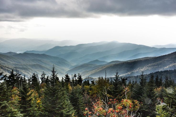 the mountains are covered with trees and clouds in the distance, as seen from an overlook point