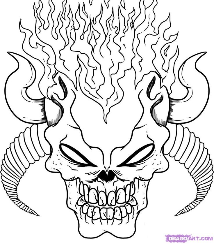 a black and white drawing of a skull with flames coming out of its mouth,