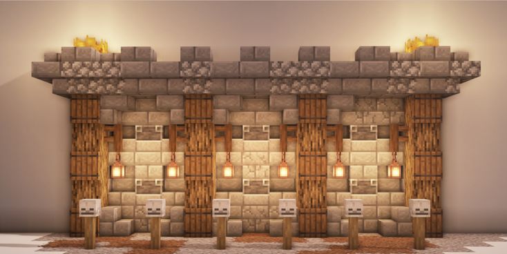 We can use blackstone and dark oak/spruce instead if stone brick and oak. Minus the skulls and you have a nice indoor wall design. Stone Wall Minecraft Ideas, Dark Oak Wall Minecraft, Spruce Wall Design Minecraft, Wall Design Minecraft Interior, Spruce Walls Minecraft, Minecraft Spruce Wall Design, Wood Wall Minecraft, Stone Wall Design Minecraft, Minecraft Indoor Wall Designs