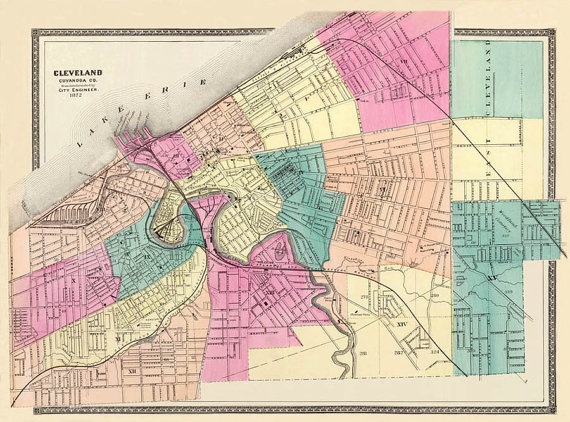 an old map of the city of cleveland, with roads and streets in different colors