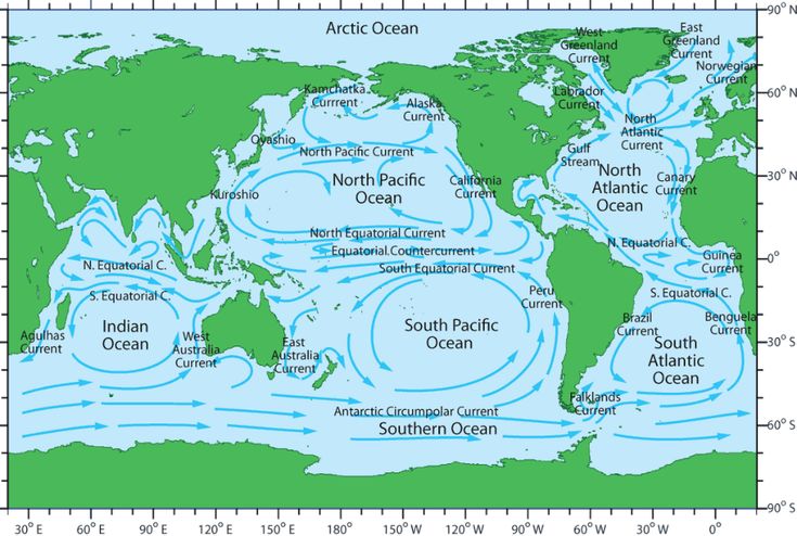 a world map with all the major oceans labeled in blue and green, including ocean currents