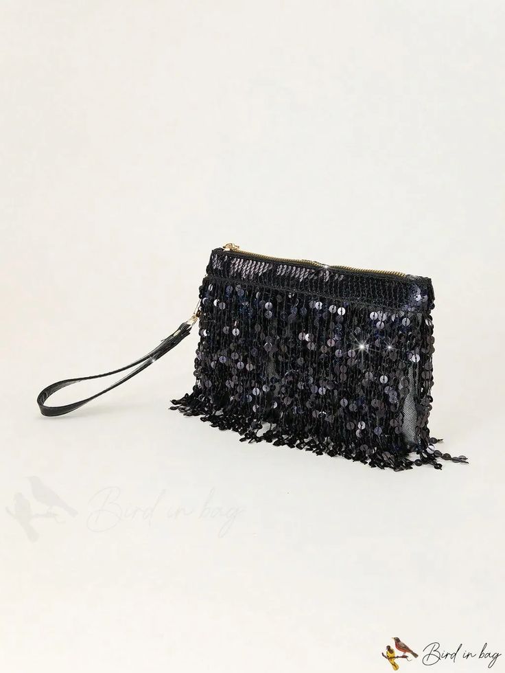 BirdinBag - Chic Party Bag with Black Sequin Accents - Small Square Design Black Pouch Shoulder Bag For Party, Black Handheld Shoulder Bag For Party, Black Clutch Bag For Party, Black Pouch Bag For Party, Black Handheld Bag For Events, Black Rectangular Party Pouch, Rectangular Black Party Pouch, Black Handheld Pouch For Party, Sequin Party