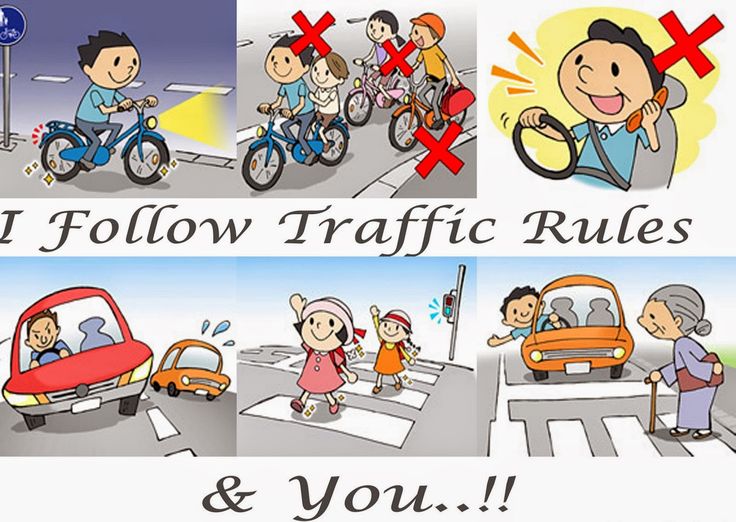 the cartoon shows people on bicycles and cars in different stages of traffic, as well as one man riding a motorcycle