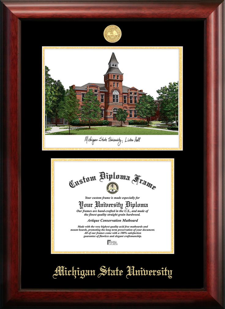 a diploma frame with an image of a building and trees in front of the photo