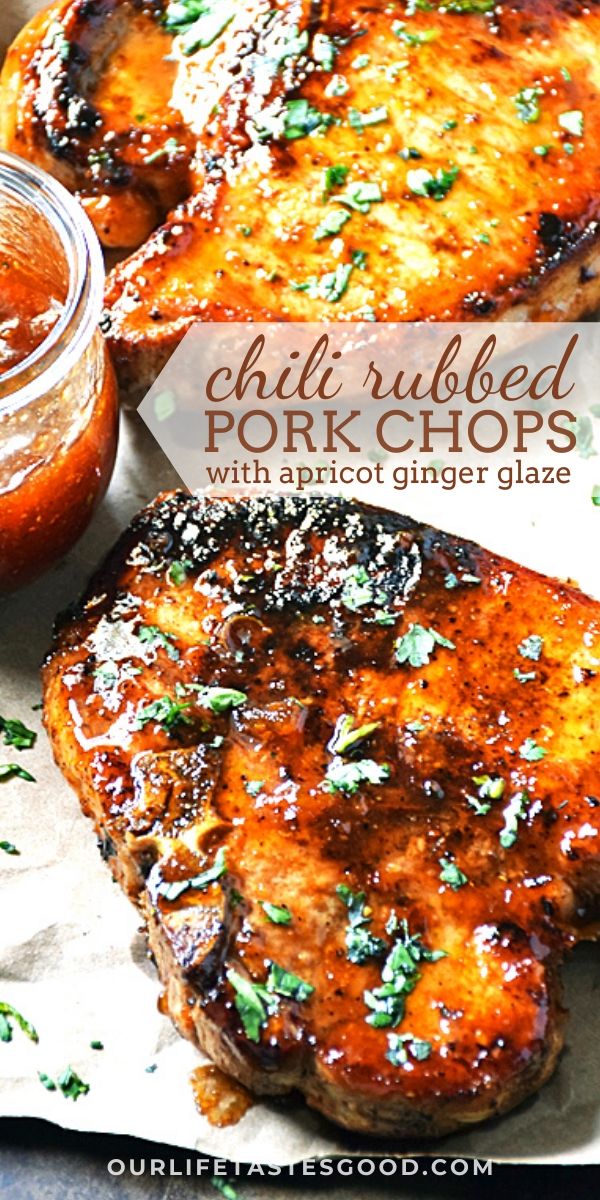 grilled pork chops with apricot ginger glaze on parchment paper next to jar of sauce