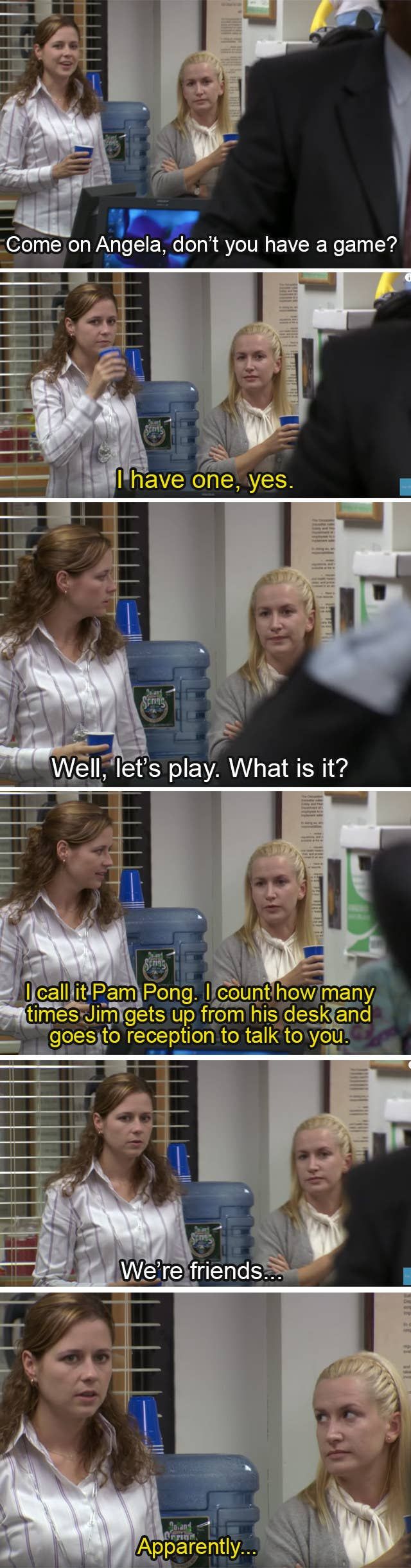 the office tv show is shown in two different frames, one with a woman talking to another