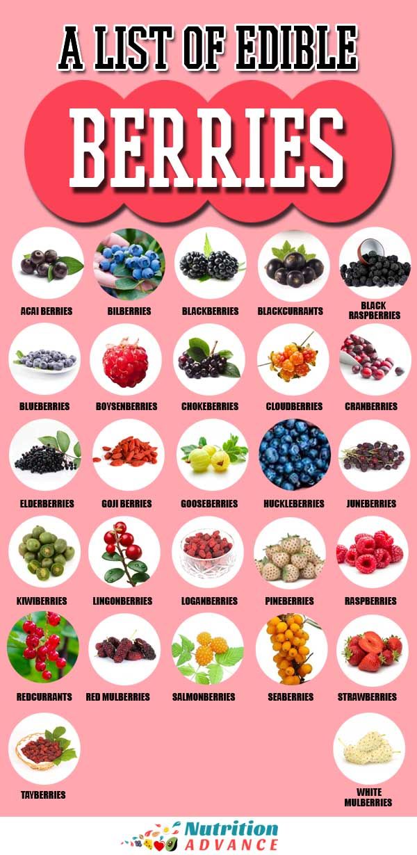 a list of edible berries on a pink background