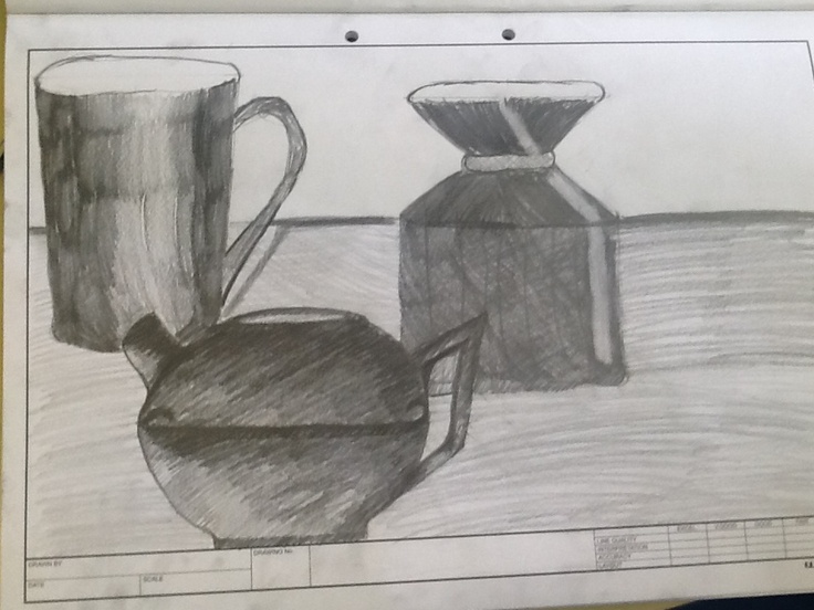 a pencil drawing of two coffee cups and a jug on a table with a scale