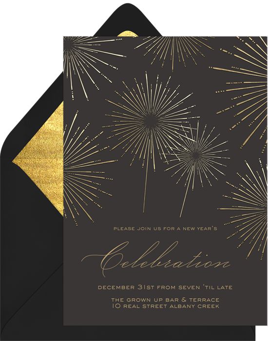 Shimmery Fireworks Invitations in Gold | Greenvelope.com | Fireworks ...