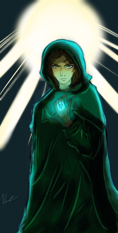 a drawing of a person in a green cloak with white light coming from behind them