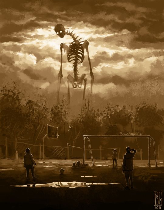 two people standing in front of a soccer field with a skeleton on it's back