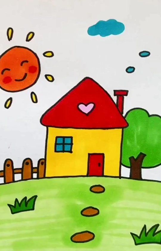 a child's drawing of a house on a hill with trees and sun in the background