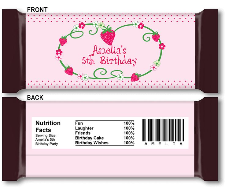 a pink candy bar with strawberrys on the front and back label for an adult's 5th birthday