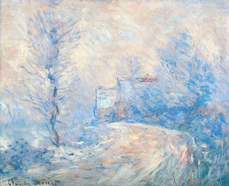 a painting of a snowy road with trees and buildings in the distance, on a cloudy day