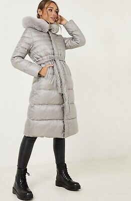 Premium Quality Quiz Womens Grey Padded Faux Fur Hood Long Midi Puffer Jacket Winter Coat Belted, Top Womens Coats Jackets Gray Double-lined Hooded Outerwear For Spring, Winter Hooded Outerwear With Padded Collar, Hooded Winter Outerwear With Padded Collar, Hooded Padded Collar Winter Outerwear, Casual Winter Parka With Padded Collar, Hooded Outerwear With Padded Collar For Winter, Spring Long Coat With Double-lined Hood, Winter Parka With Padded Collar, Gray Hooded Puffer Outerwear