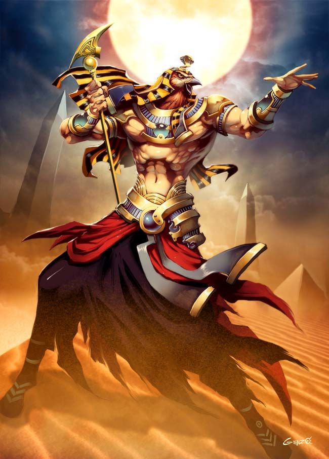 an egyptian god with his arms outstretched in front of the sun and pyramids behind him