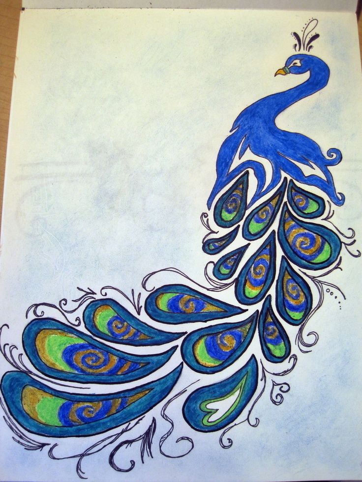 a drawing of a peacock with blue and green feathers on it's back legs