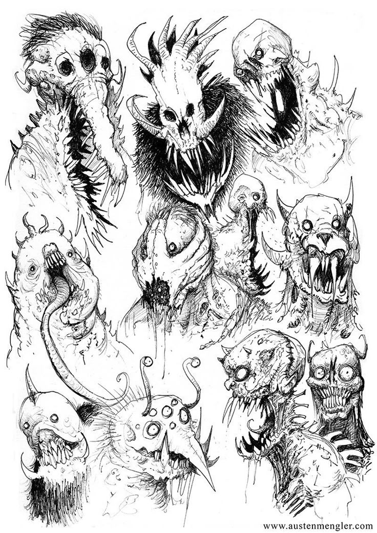 an ink drawing of monsters with their mouths open and teeth out, all looking like they are