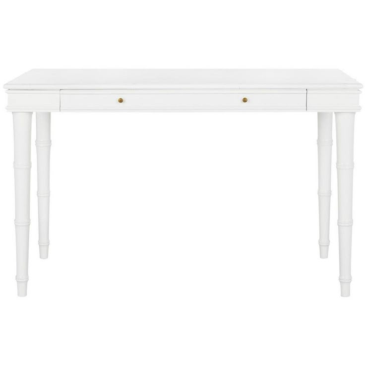 a white desk with two drawers on one side and an open drawer on the other