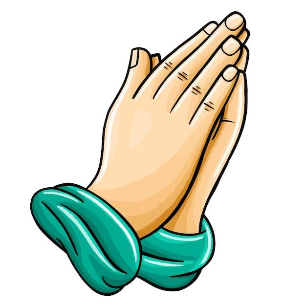 two hands folded in prayer with their palms up to the side, on a white background