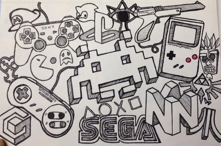 an image of some type of doodle artwork with video game characters and symbols on it